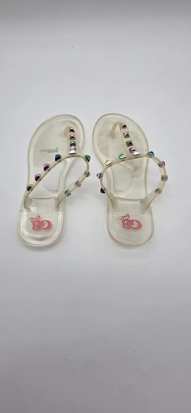 GB Girls Clear Jelly Sandals Size 1M Multicolor Studded T-Strap Flip Flops